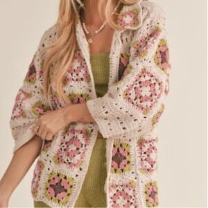 Handmade Crochet Patchwork Sweater - Pink and Green